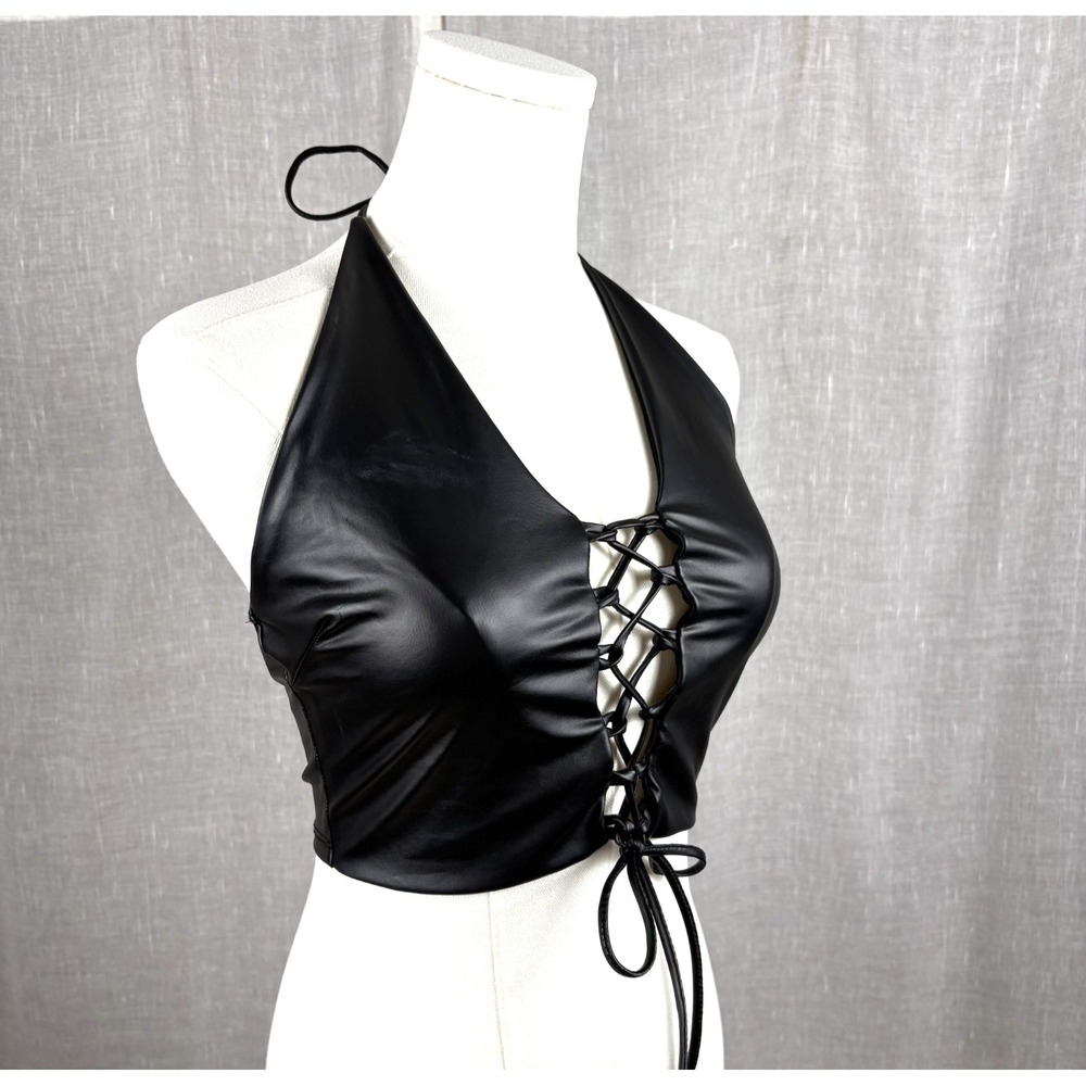 Black Leather Look Halter Top Corset Tie Sz S XS Goth Punk Going Out Festival